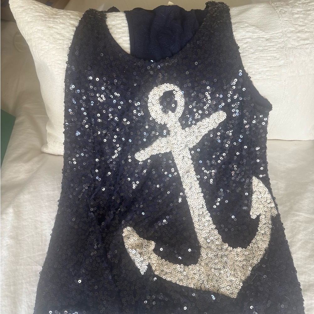 J. Crew Navy Sequined Anchor Scoop Neck Top